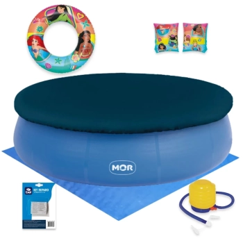 Kit Piscina Inflvel 4600l Mor + Boias de Princesas Disney + Mini Bomba + Capa e Forro + Reparo