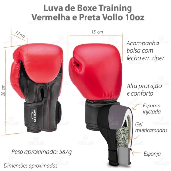 Luva de Boxe Training 10oz Vollo Muay Thai, Kickboxing, Treinamento Vermelha e Preta