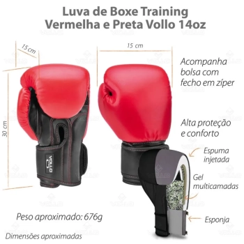 Luva de Boxe Training 14oz Vollo Muay Thai, Kickboxing, Treinamento Vermelha e Preta