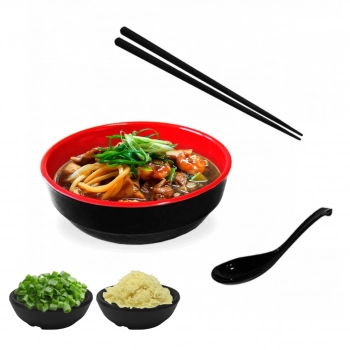 Kit Sopa Japonesa com Tigela 450 Ml + Colher Melamina + Par de Hashi + 2 Molheiras