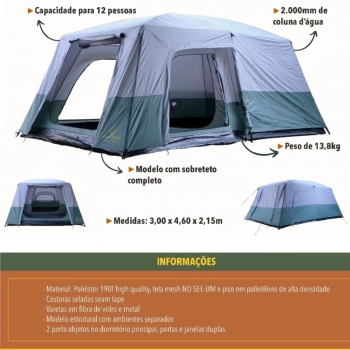 Barraca Camping 12 Pessoas Family Titan Grande Coluna D gua 2000mm Guepardo Ntk