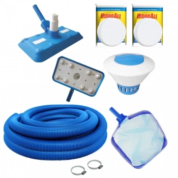 Kit Limpeza Piscina Aspirador + Peneira Pua + Clorador + Mangueira 38mm 4 Mts+ Pastilha de Cloro 3 em 1