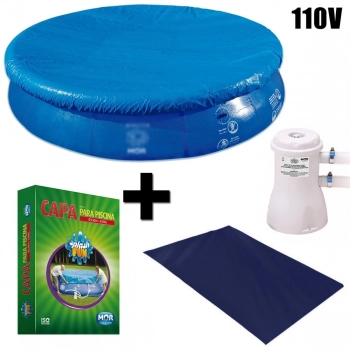 Kit Piscina Redonda Inflvel 9000 L + Capa e Forro e Filtro 110 V