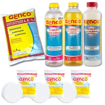 Kit Cloro Granulado 1kg + Clarificante + Algicida + Redutor de Ph e Alcalinidade e Pastilhas