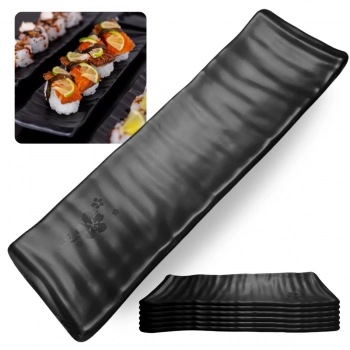 Kit 6 Travessas Estriada para Sushi Kanpai Restaurante Comida Japonesa Oriental Melamina Preta