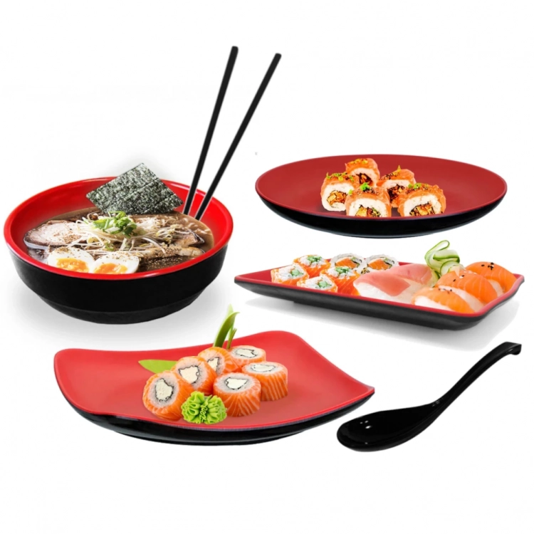 Mandiali e-Shop : Kit 6 Peças para Comida Japonesa Pratos Copo Molheira  Hashi Hashioki